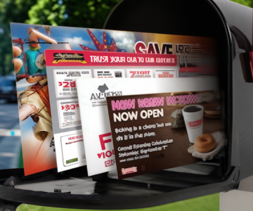 Mailbox filled with colorful promotional flyers.