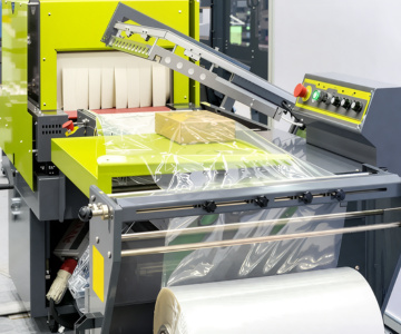 Packaging machine with plastic wrapping in operation.