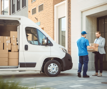 Delivery person handing package to recipient.