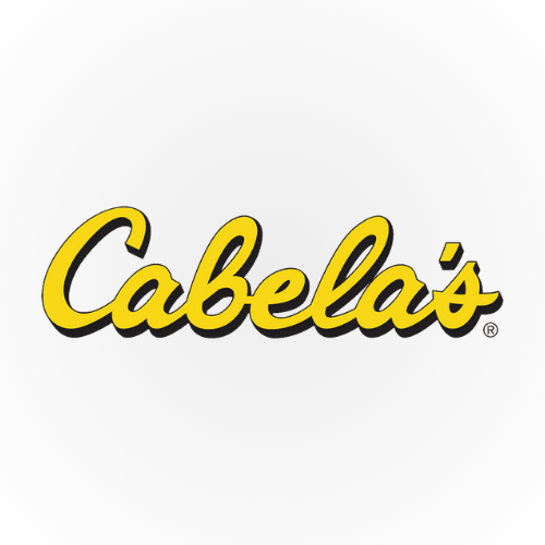 Cabela's logo in yellow script font.